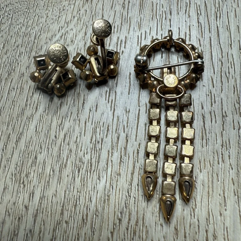 Vintage 12K M&S Gold Filled SET Screw Back‎ Earrings and Brooch Aqua Clear